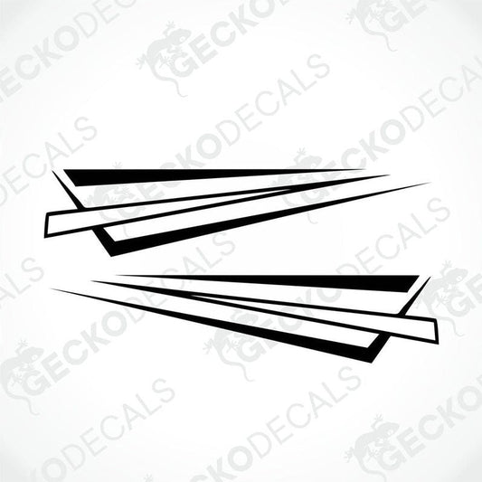 A pair of black and white arrow-shaped decals intended for use on vehicles.