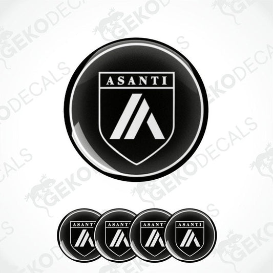 A set of four black vinyl stickers with the ASANTI brand logo on them.