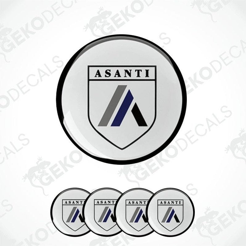 A set of round vinyl stickers with a geometric design featuring the brand name ASANTI, created by Gecko Decals.
