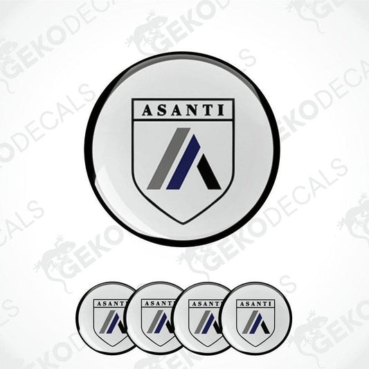 A set of round vinyl stickers with a geometric design featuring the brand name ASANTI, created by Gecko Decals.