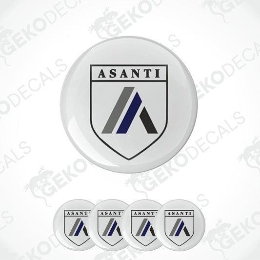 A set of round vinyl stickers with a geometric design featuring the ASANTI brand logo in white and blue colors.