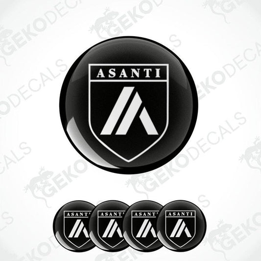 A set of four black vinyl stickers with the ASANTI brand logo on them.