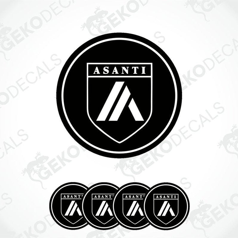 A set of four black vinyl stickers with the ASANTI brand logo on them.