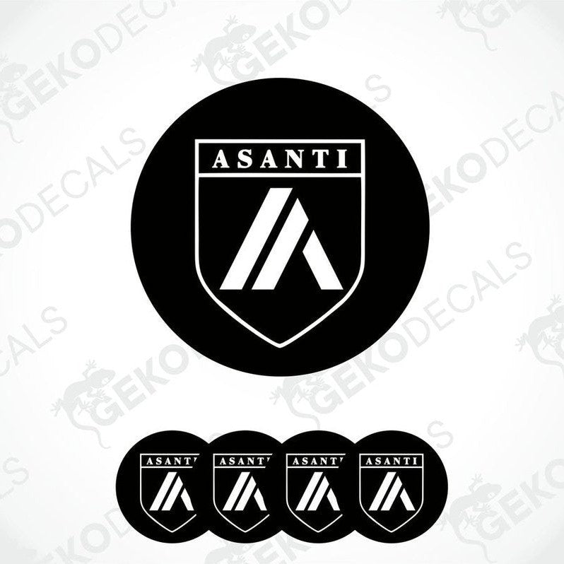 A set of four black vinyl stickers with the ASANTI brand logo on them.