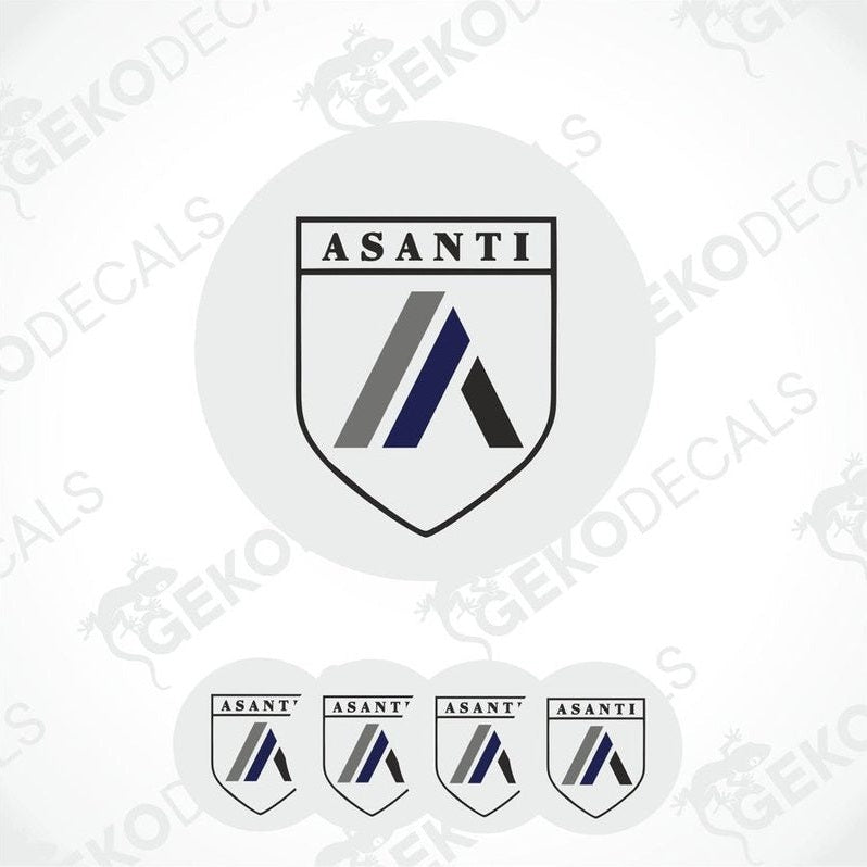 A set of round vinyl stickers with a geometric design featuring the ASANTI brand logo in white and blue colors.