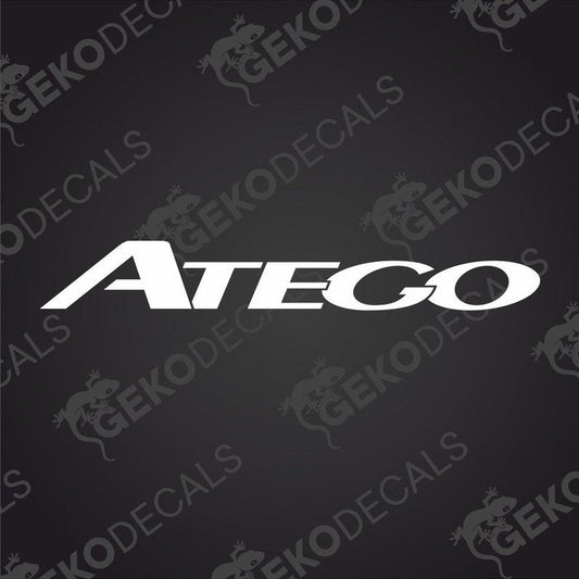 A decal with the brand name 'ATEGO' displayed prominently in white lettering against a transparent background, indicating it is designed for use on vehicles or other surfaces.