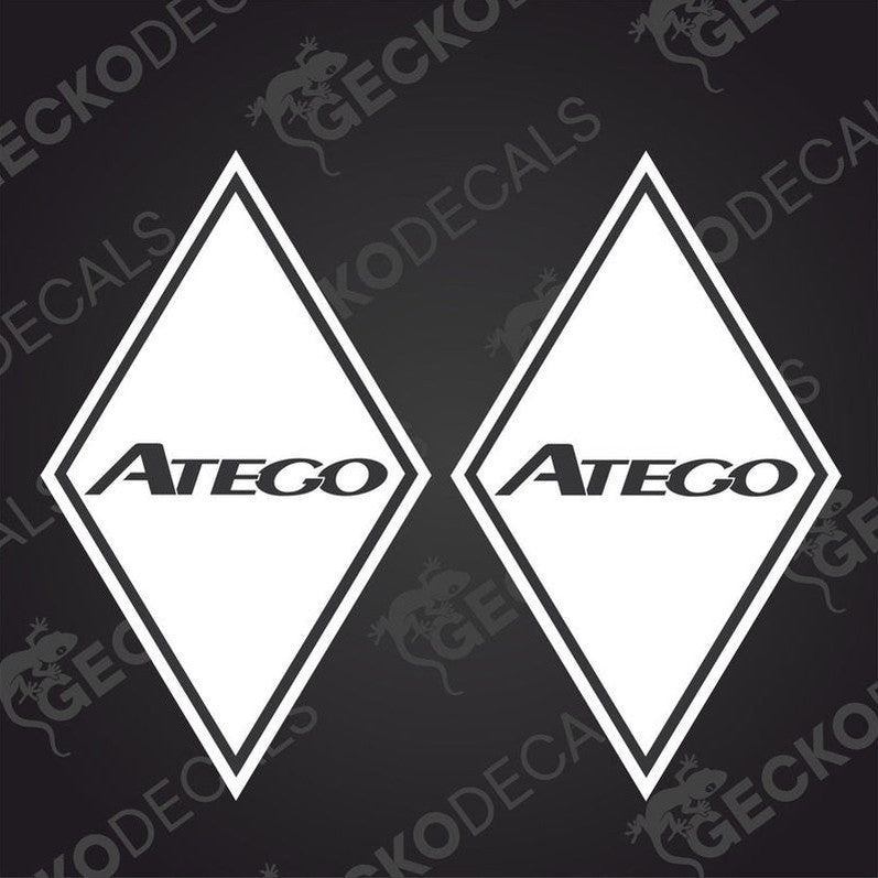 Two white diamond-shaped vehicle decals with the ATEGO brand logo in the center, delivered on a black background with a 'GeckoDecals' watermark.