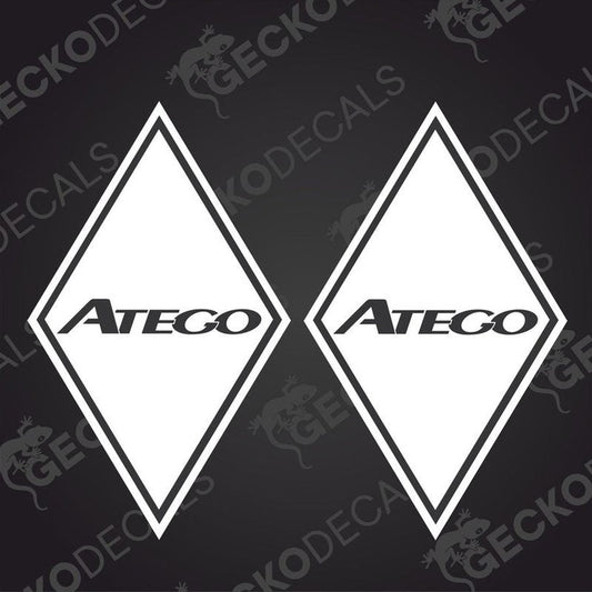 Two white diamond-shaped vehicle decals with the ATEGO brand logo in the center, delivered on a black background with a 'GeckoDecals' watermark.