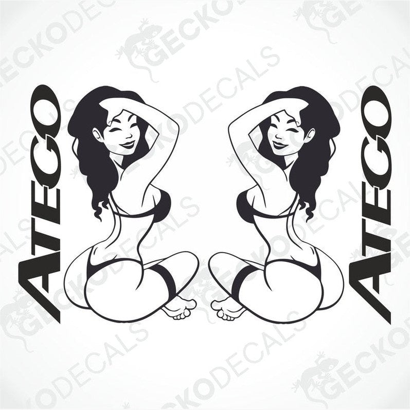 Two black and white stickers of a cartoon girl with the brand name 'ATEGO' written above.