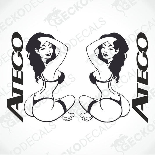 Two black and white stickers of a cartoon girl with the brand name 'ATEGO' written above.