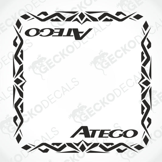 A pair of ATEGO brand side window decals, featuring a geometric pattern and the name 'ATEGO' within the design.