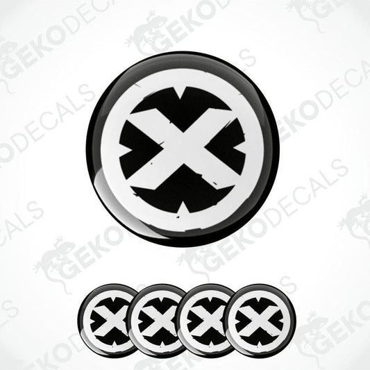 A set of four black, white, and gray vinyl stickers with the American Racing logo and ATX Series text.