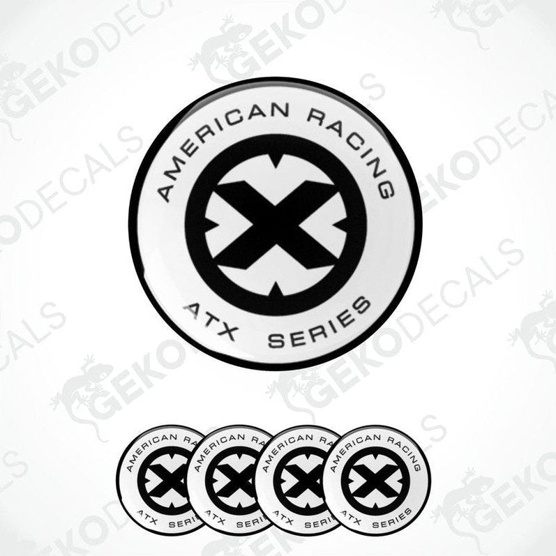 A set of four black, white, and gray vinyl stickers with the American Racing logo and ATX Series text.