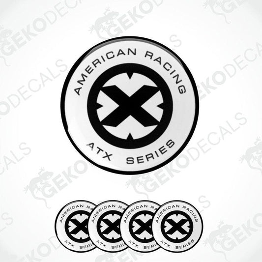 A set of four black, white, and gray vinyl stickers with the American Racing logo and ATX Series text.