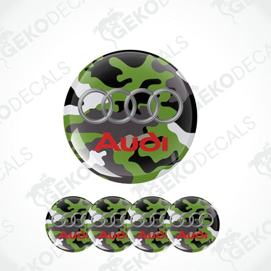 A set of vinyl decals with a camouflage pattern and the Audi logo, including four separate decals.