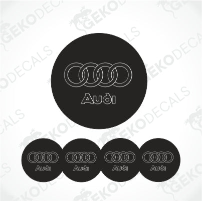 Lined Audi circles with a lined Audi logo underneath, white background with GeckoDeckals watermarks