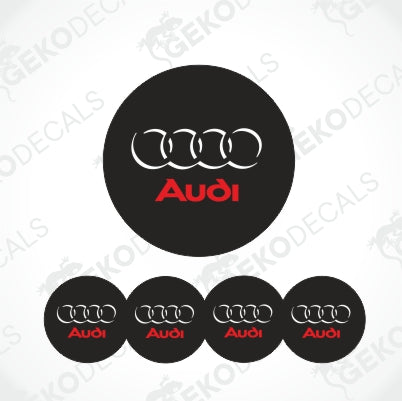 Inside the black circle are white Audi circles as a shading and red Audi lettering below it, the background is white with GeckoDeckals watermarks