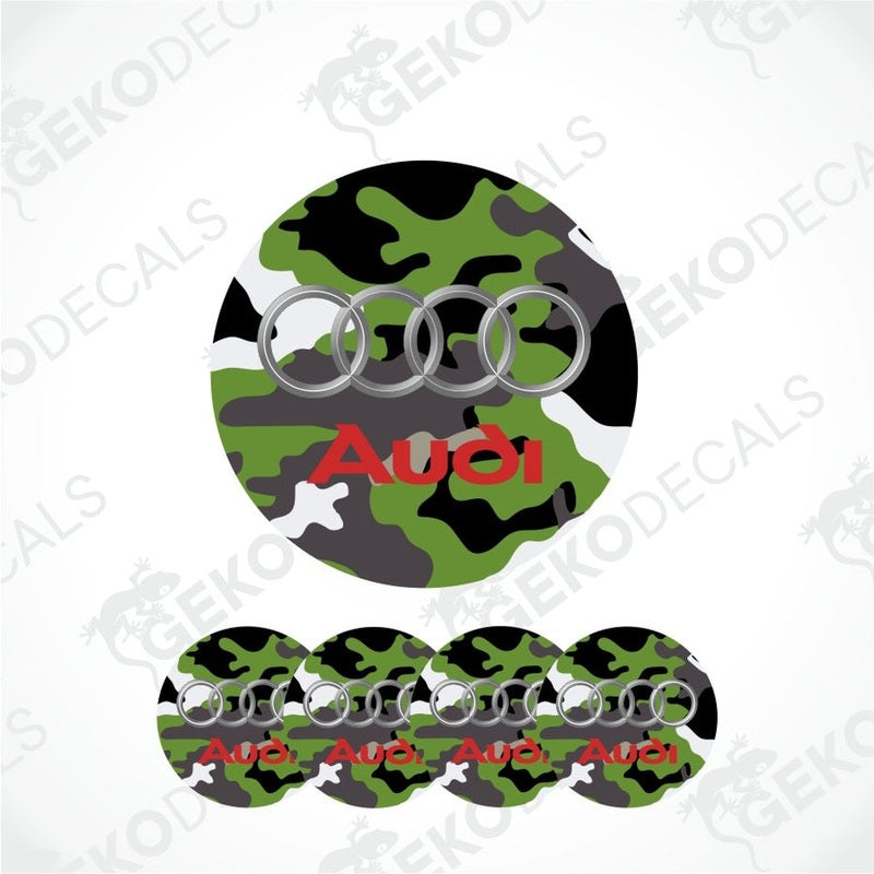 A set of vinyl decals with a camouflage pattern and the Audi logo, including four separate decals.