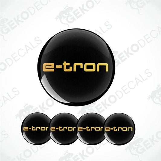 Black and gold 'e-tron' logo decal set on a white background with 'GEKODECALS' watermark.