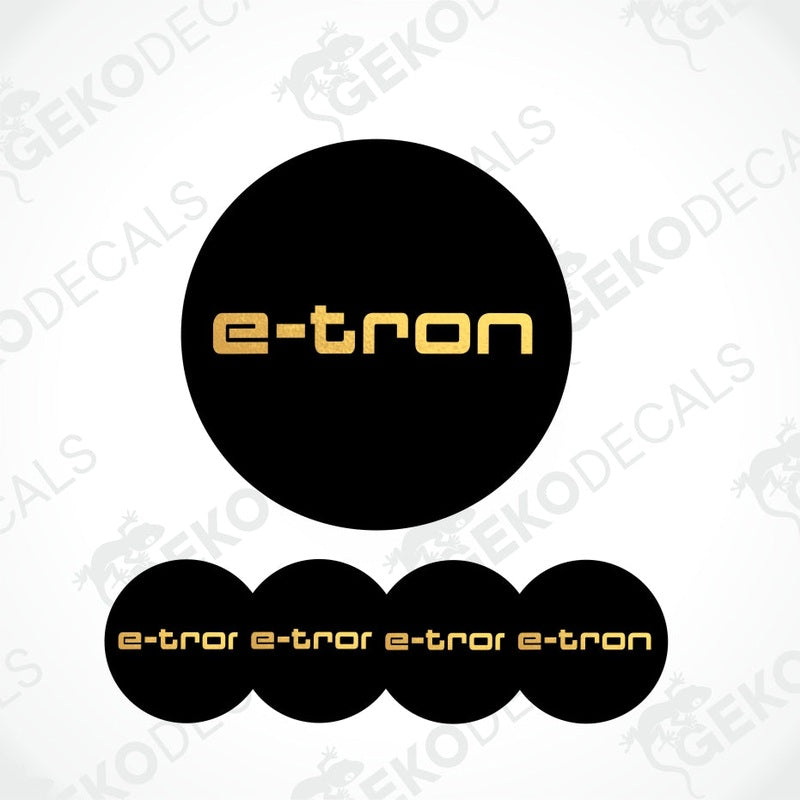 Black and yellow 'e-tron' logo with multiple instances on a white background.
