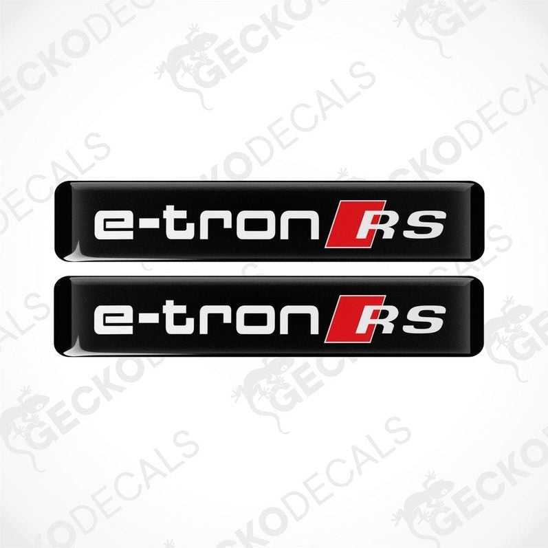 Two black, red, and white vinyl decals with the text 'e-tron RS' on them, placed on a white background.
