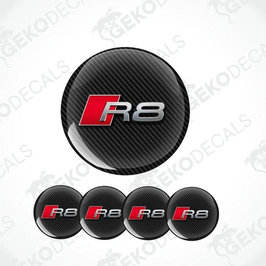 Carbon fiber patterned Audi R8 logo decal on a white background with 'Gekodecals' watermark.