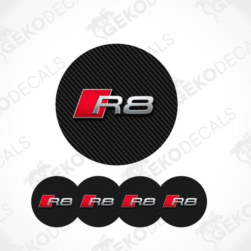 Carbon fiber pattern Audi R8 logo decal on a white background