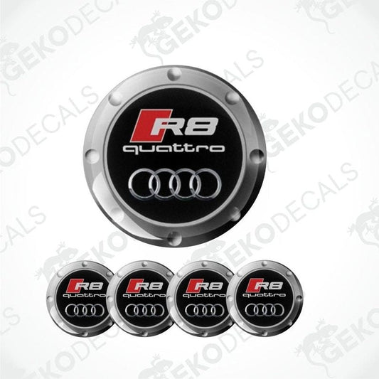 Audi R8 quattro emblem with five additional versions on a white background.