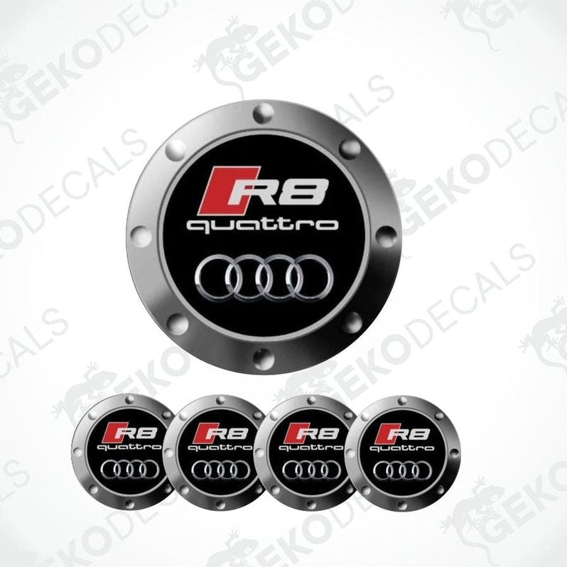 Set of Audi R8 quattro emblem stickers on a white background