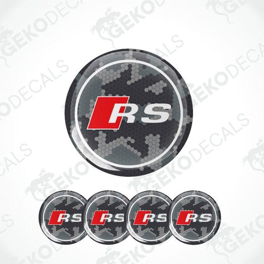 A set of four round car decals with a geometric pattern and the 'RS' logo in the center, predominantly black and white with a red 'R' and 'S' and gray background.