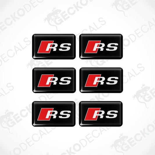A set of six black, red, and white car decals with the 'RS' logo.