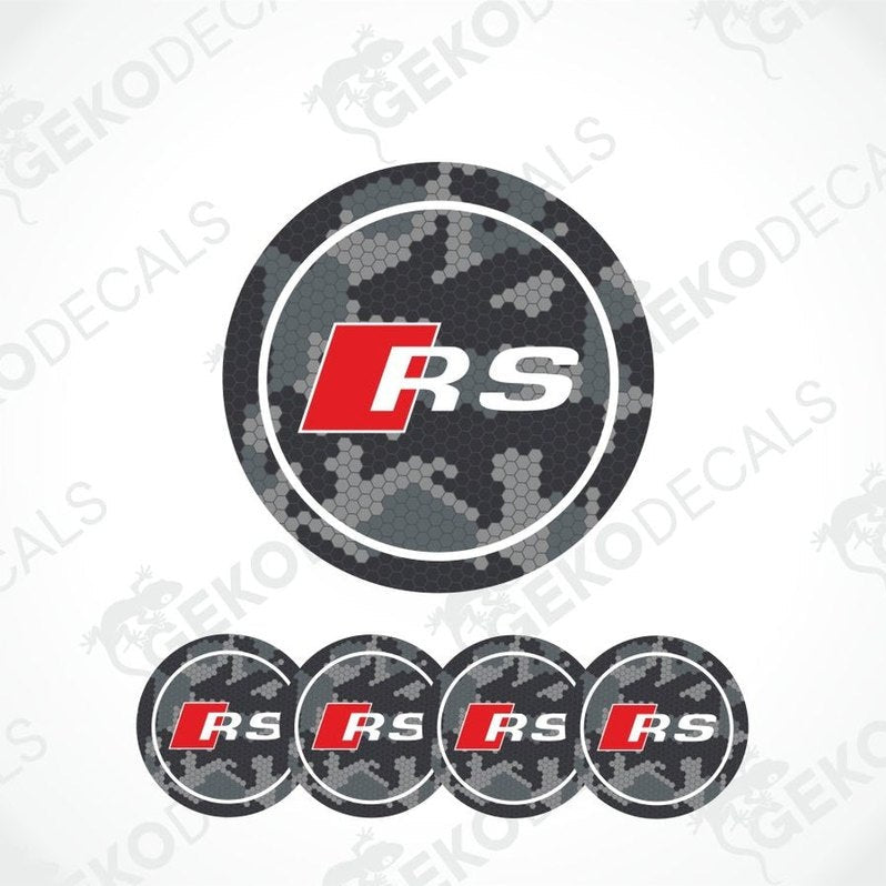 A set of four round car decals with a geometric pattern and the 'RS' logo in the center, predominantly black and white with a red 'R' and 'S' and gray background.