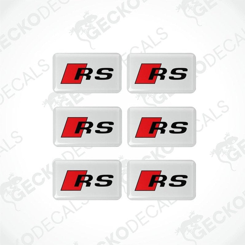 A set of six white, red, and black car decals with the 'RS' logo.