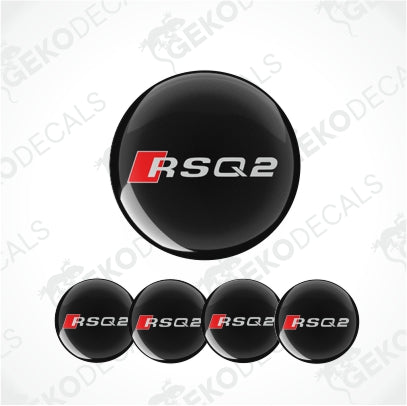 A set of four black vinyl stickers with the text 'RSQ2' in red and white, displayed on a white background.