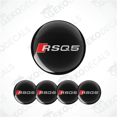 Set of four black round car decals with 'RS Q5' text in red and white
