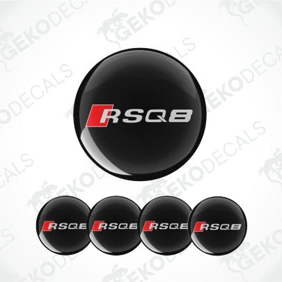 Set of four black round car epoxy decals with 'RS Q8' logo in red and white