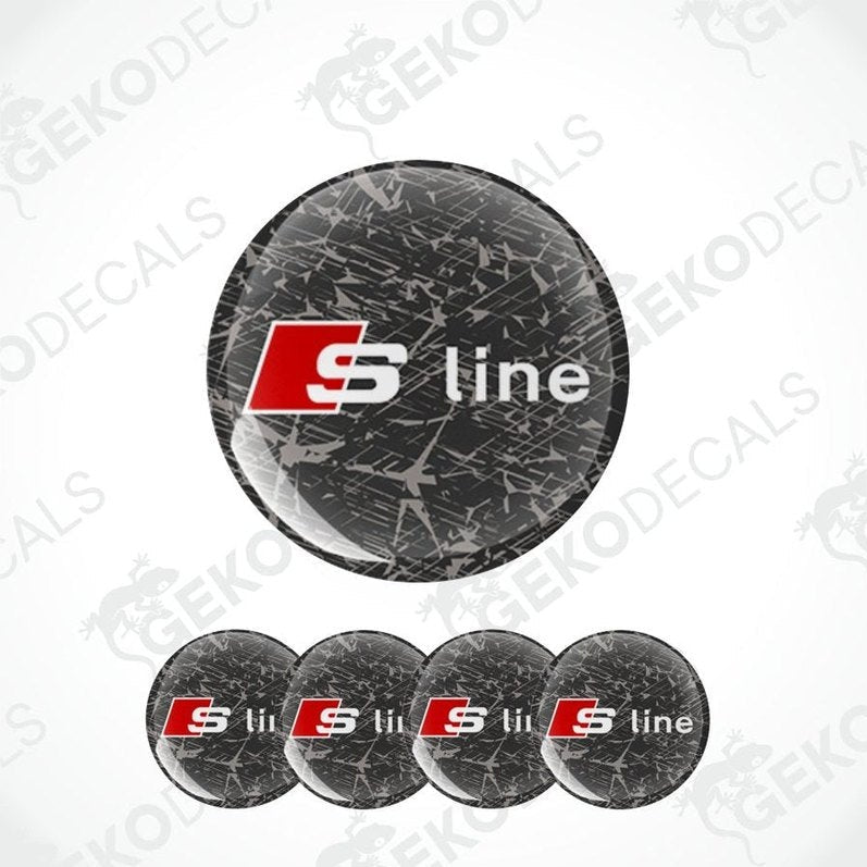 A set of vinyl decals for a car, featuring the 'S-line' logo on a black background with red and white accents.
