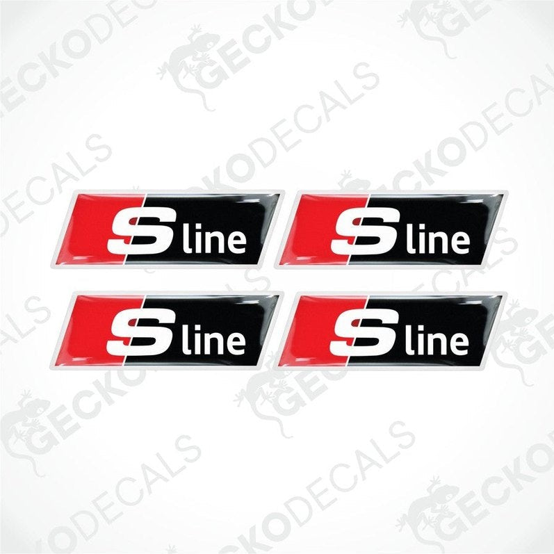 A set of four red, white, and black vinyl stickers with a geometric pattern and the Audi S-LINE brand logo.