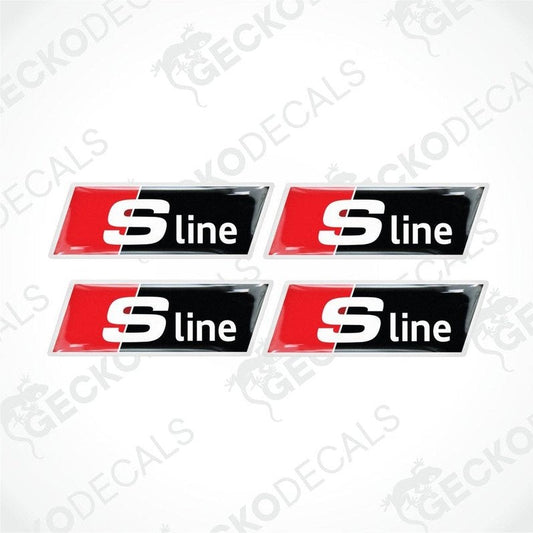 A set of four red, white, and black vinyl stickers with a geometric pattern and the Audi S-LINE brand logo.