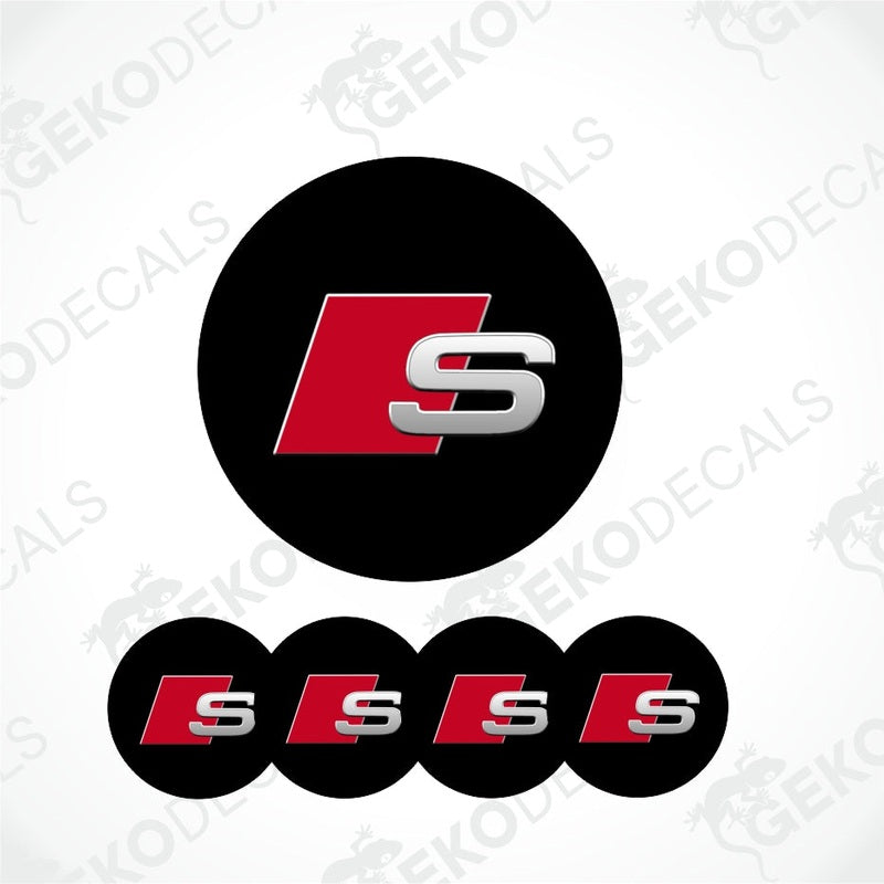 Audi S logo decal set with red and black design on a white background.
