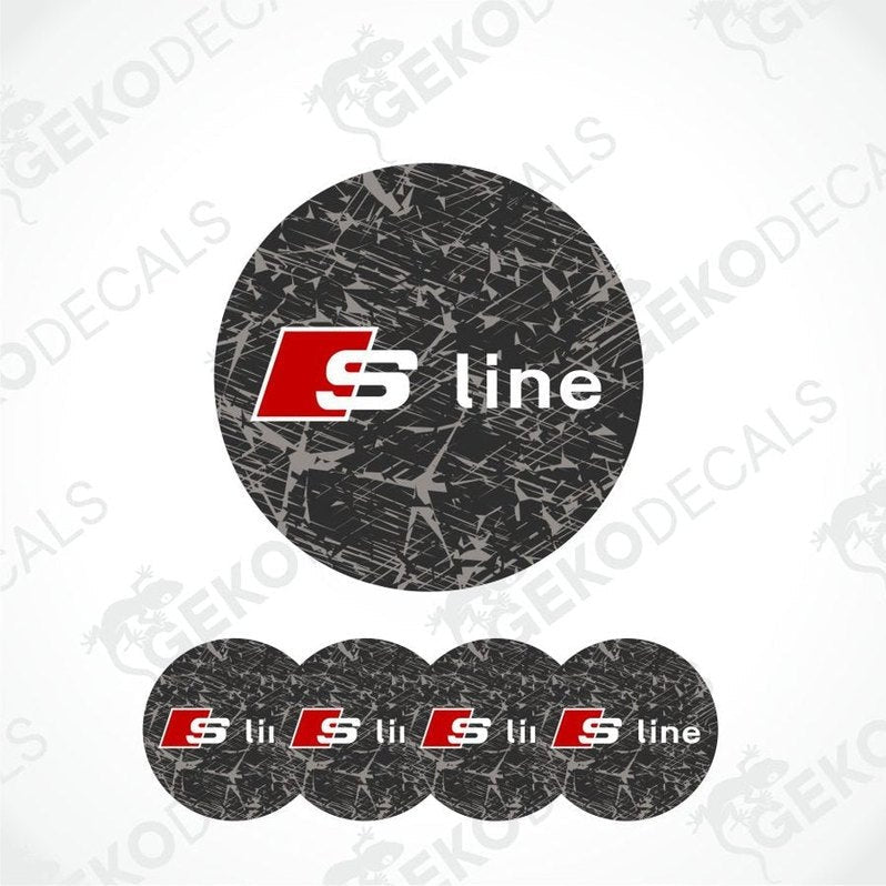 A set of vinyl decals for a car, featuring the 'S-line' logo on a black background with red and white accents.