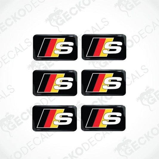 A set of six vinyl decals with a polyurethane coating featuring the S-line logo with German flag colors.
