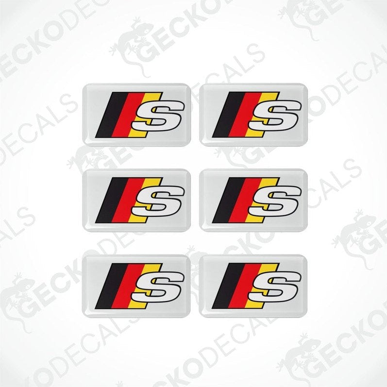 A set of six vinyl decals with a polyurethane coating featuring the S-line logo with German flag colors.