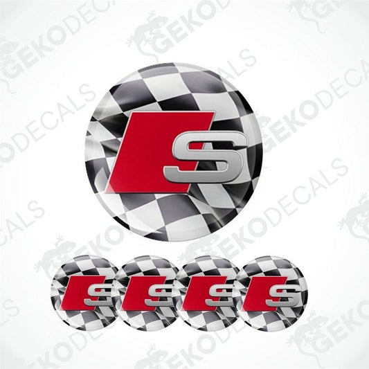 Checkered car emblem with red and silver design on a white background