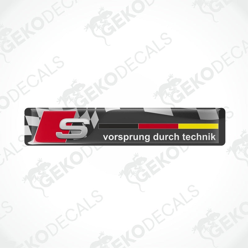 Audi S logo decal with 'vorsprung durch technik' text on a white background.
