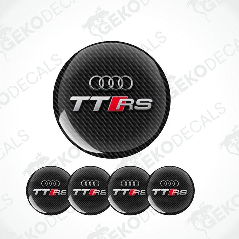 Audi TT RS wheel center cap with five matching decals on a white background.