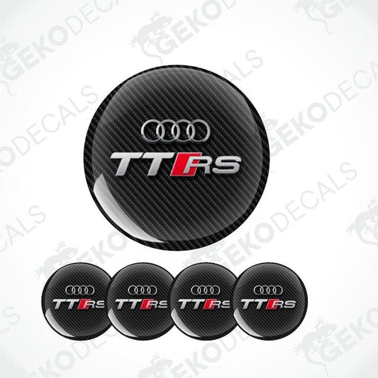Audi TT RS wheel center cap with five matching decals on a white background.