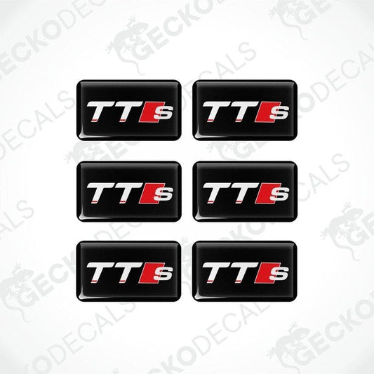 A set of six black, red, and white vinyl decals with the 'TT S' logo.