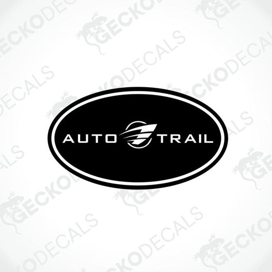 A die cut sticker with the text 'AUTO-TRAIL' on a black oval background, intended for use as a car decal.