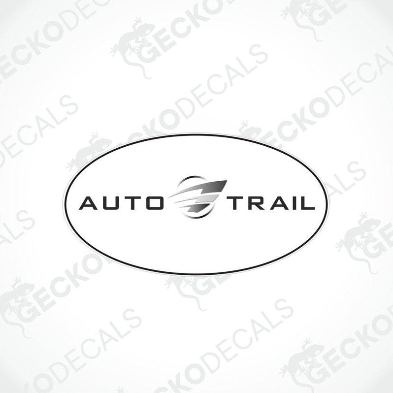 A black and white logo of AUTO-TRAIL, featuring the brand name with a graphical element on the right side, indicating a design for vehicle application.
